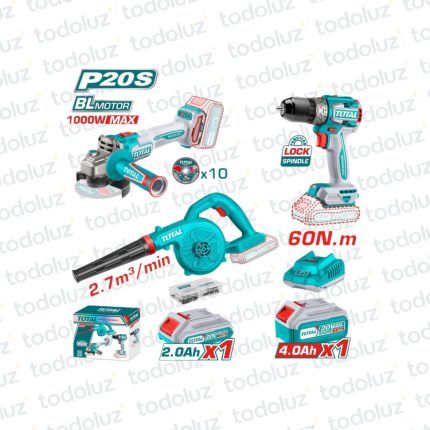 Taladro Brushless 13mm 20V 60NM + Amoladora 115mm (Brushless 20Vdc) + Soplador 2.7m3/min (2 Bateria 2.0Ah/4.0Ah + 1 Cargador)