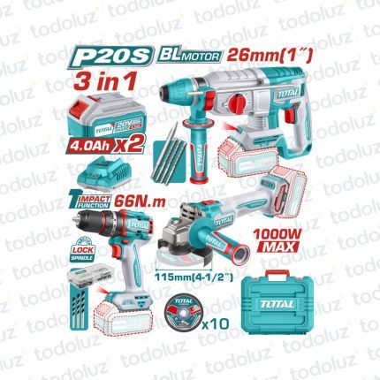 Taladro/Percutor/Atornillador 13mm 66NM + Amoladora 115mm + Rotomartillo SDS+ 26mm 20V (2 Bateria 4.0Ah + 1 Cargador)