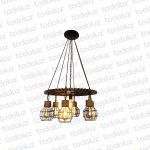 Colgante Madera Tipo Engranaje c/ 6 Cuadrille Vintage + 1 Luz Central 7*E27 (54.586)