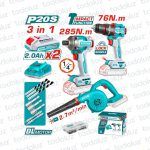 Taladro Brushless 13mm 20V 76NM + Atornillador de Impacto Brushless 285NM + Soplador (2 Baterias 2.0Ah + 1 Cargador)