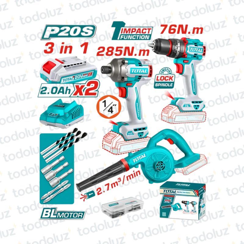 Taladro Brushless 13mm 20V 76NM + Atornillador de Impacto Brushless 285NM + Soplador (2 Baterias 2.0Ah + 1 Cargador)