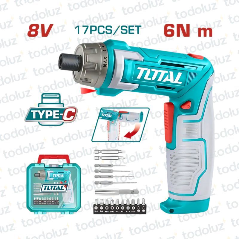 Atornillador Inalambrico 8Vdc Carga USB-C c/ Maletin + 17 Puntas Total