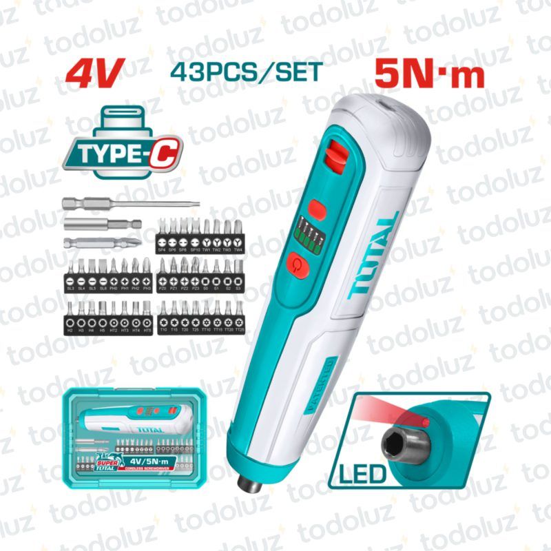 Atornillador Inalambrico 4Vdc Carga USB c/ Estuche + 43 puntas Total