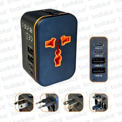Ficha Adaptadora (Macho norma ARG + UK+T + EUR + USA + BR)(Hembra Multinorma) c/ 2 USB C + 2 USB A 8A 240V