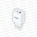 Adaptador USB Tipo A+C 220Vac-5Vdc 3A Blanco Taschibra