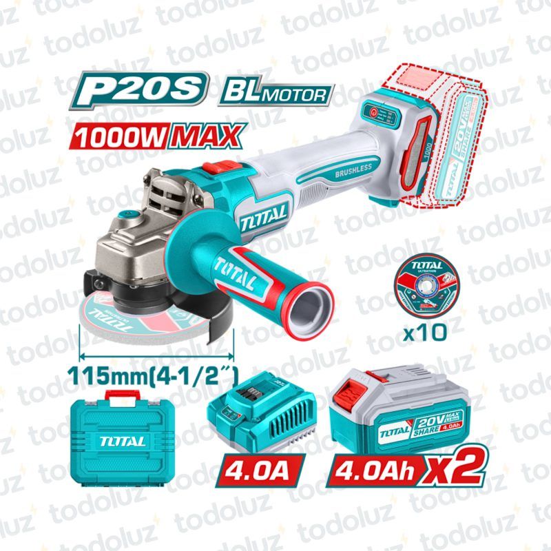 Amoladora Brushless 115mm 20Vdc 1000W en Maletin (2 Baterias 4.0Ah + 1 Cargador) Total
