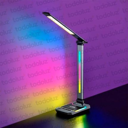 Luminaria de Mesa Articulable Gris Det. Negro Touch Triple Tono Iluminacion + Funciones RGB c/Puerto USB y Carga Qi (56.200)