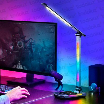 Luminaria de Mesa Articulable Gris Det. Negro Touch Triple Tono Iluminacion + Funciones RGB c/Puerto USB y Carga Qi (56.200)