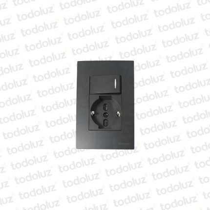 Placa Negra c/ Tomacte. Schuko 16/20A 250V + Int. Unipolar 10A Paris Light 2x4 Ek