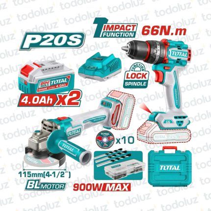 Taladro/Percutor/Atornillador 13mm 66NM + Amoladora 115mm (Brushless 20Vdc)(2 Bateria 4.0Ah + 1 Cargador)