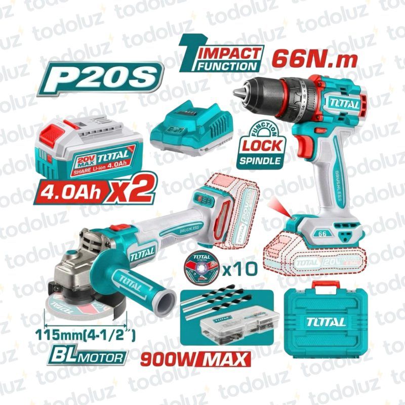 Taladro/Percutor/Atornillador 13mm 66NM + Amoladora 115mm (Brushless 20Vdc)(2 Bateria 4.0Ah + 1 Cargador)