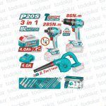 Taladro Brushless 13mm 20V 86NM + Atornillador de Impacto Brushless 285NM + Soplador (2 Baterias 4.0Ah + 1 Cargador)