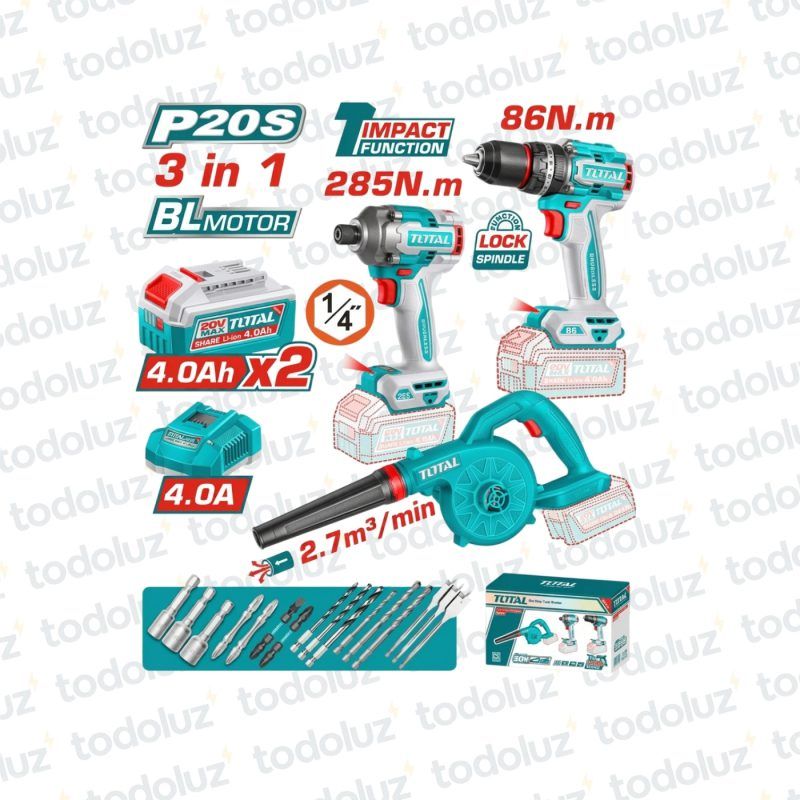 Taladro Brushless 13mm 20V 86NM + Atornillador de Impacto Brushless 285NM + Soplador (2 Baterias 4.0Ah + 1 Cargador)