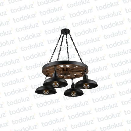 Colgante Tipo Rueda con Pantallas 4*E27, Acabado Negro Comb. Madera (54.1151)