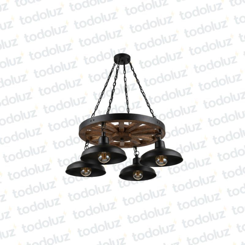 Colgante Tipo Rueda con Pantallas 4*E27, Acabado Negro Comb. Madera (54.1151)