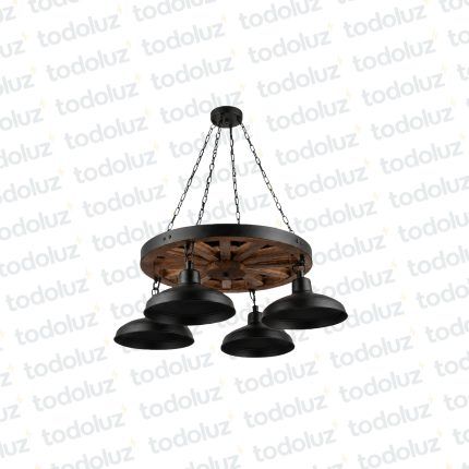 Colgante Tipo Rueda con Pantallas 4*E27, Acabado Negro Comb. Madera (54.1151)
