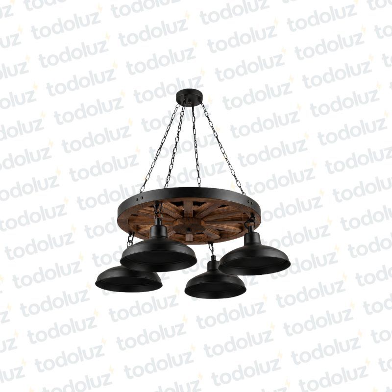 Colgante Tipo Rueda con Pantallas 4*E27, Acabado Negro Comb. Madera (54.1151)