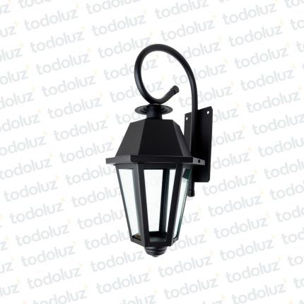 Farol p/ Pared Negro Estilo Colonial Ventana 6C V. Transp c/ Brazo Ondulado 1*E27 450mm (55.056)