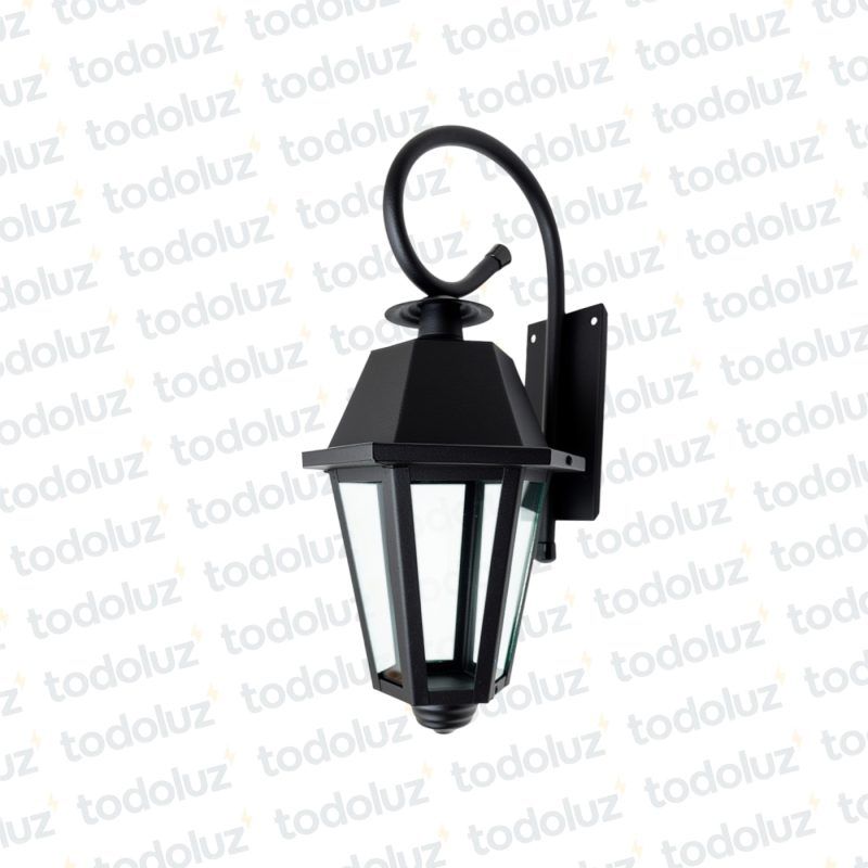 Farol p/ Pared Negro Estilo Colonial Ventana 6C V. Transp c/ Brazo Ondulado 1*E27 450mm (55.056)
