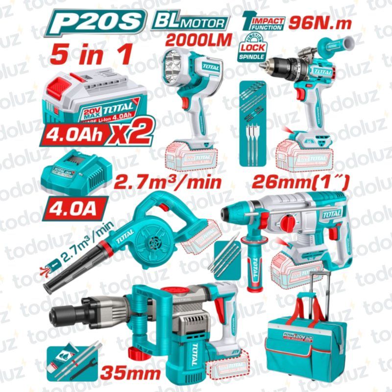 Taladro Brushless 13mm 96NM + Rotomartillo SDS+ 26mm + Martillete SDS HEX + Soplador + Linterna 2000lm 20Vdc (2 Bateria 4.0Ah + 1 Cargador + Maleta) Total