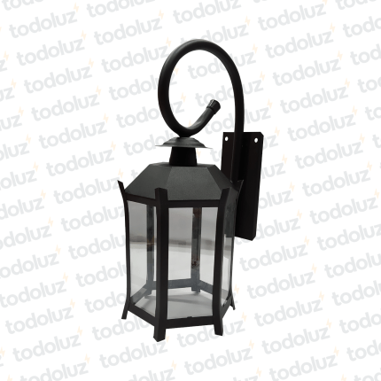 Farol p/ Pared Negro Estilo Colonial Hexagonal Ventana 6C V. Transp. c/ Brazo Ondulado 1*E27 400mm (55.057)