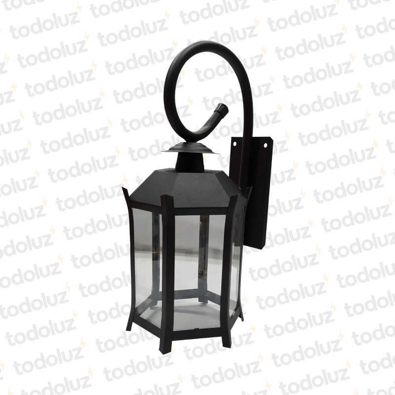 Farol p/ Pared Negro Estilo Colonial Hexagonal Ventana 6C V. Transp. c/ Brazo Ondulado 1*E27 400mm (55.057)